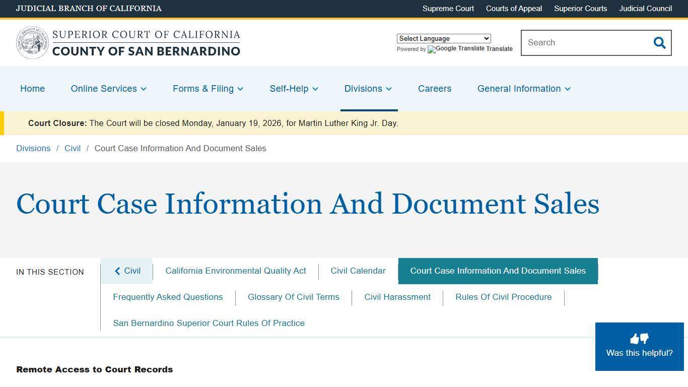 Court Case Information And Document Sales | Superior Court of California | County of San Bernardino